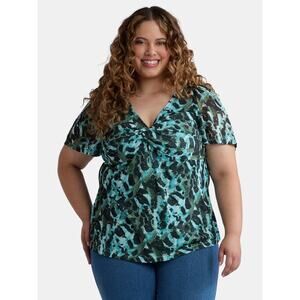 Terra & Sky Size 2X 20 22 Printed Twist Front Short Sleeve Mesh Top Green